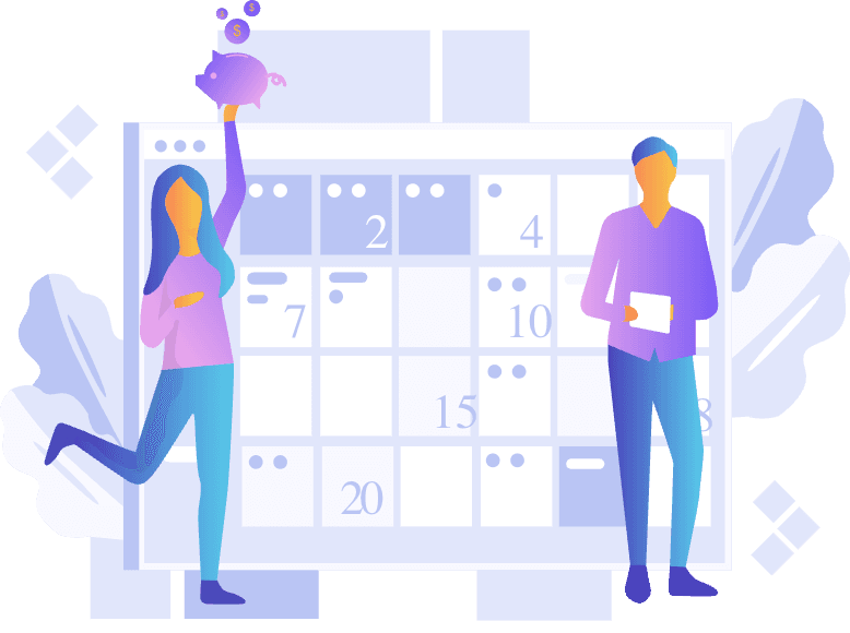 Illustration of Man waving & Woman with a laptop